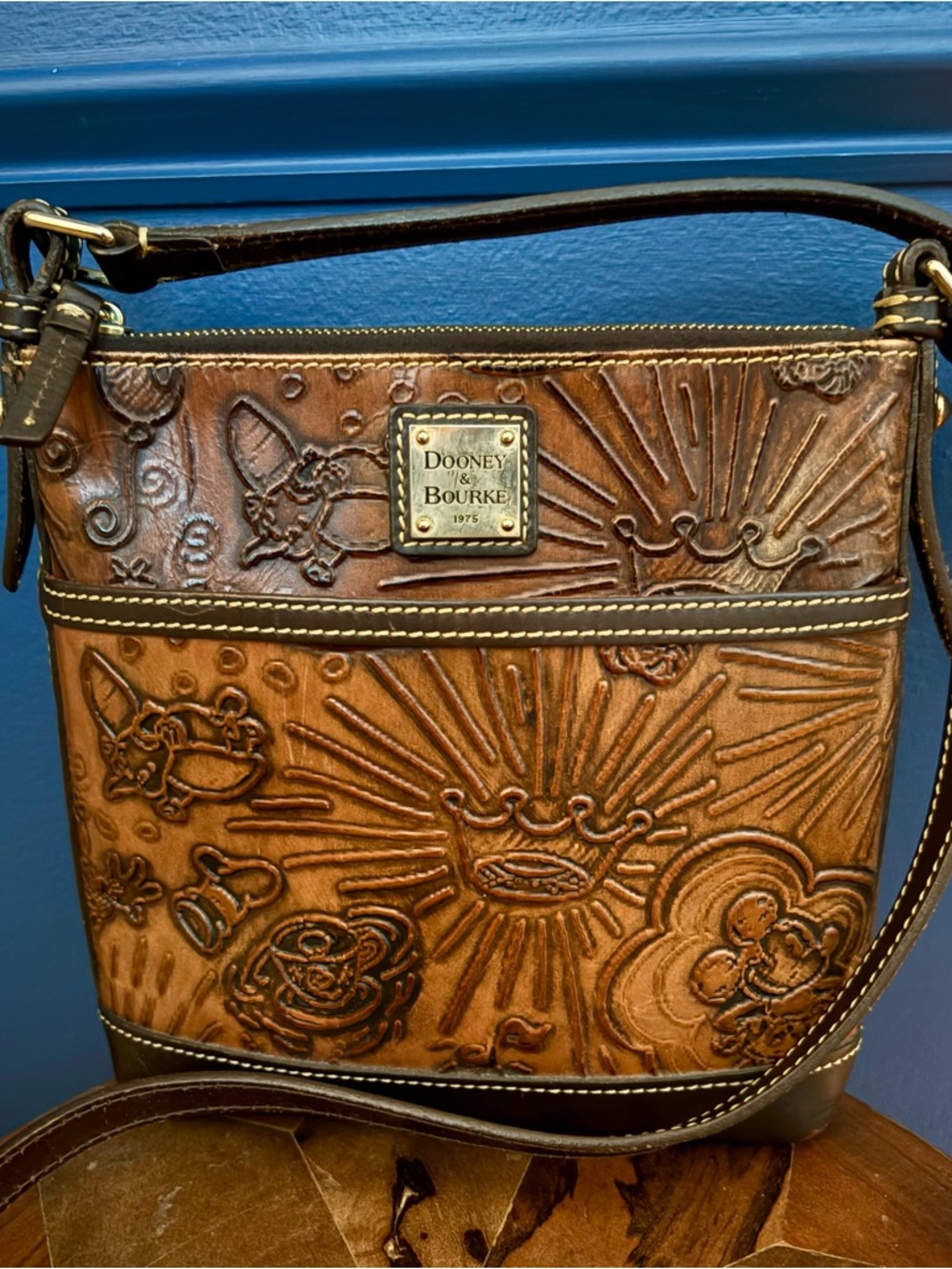 2012 Dooney & Bourke Disney Brown Sketch Embossed Leather Crossbody Shoulder Bag